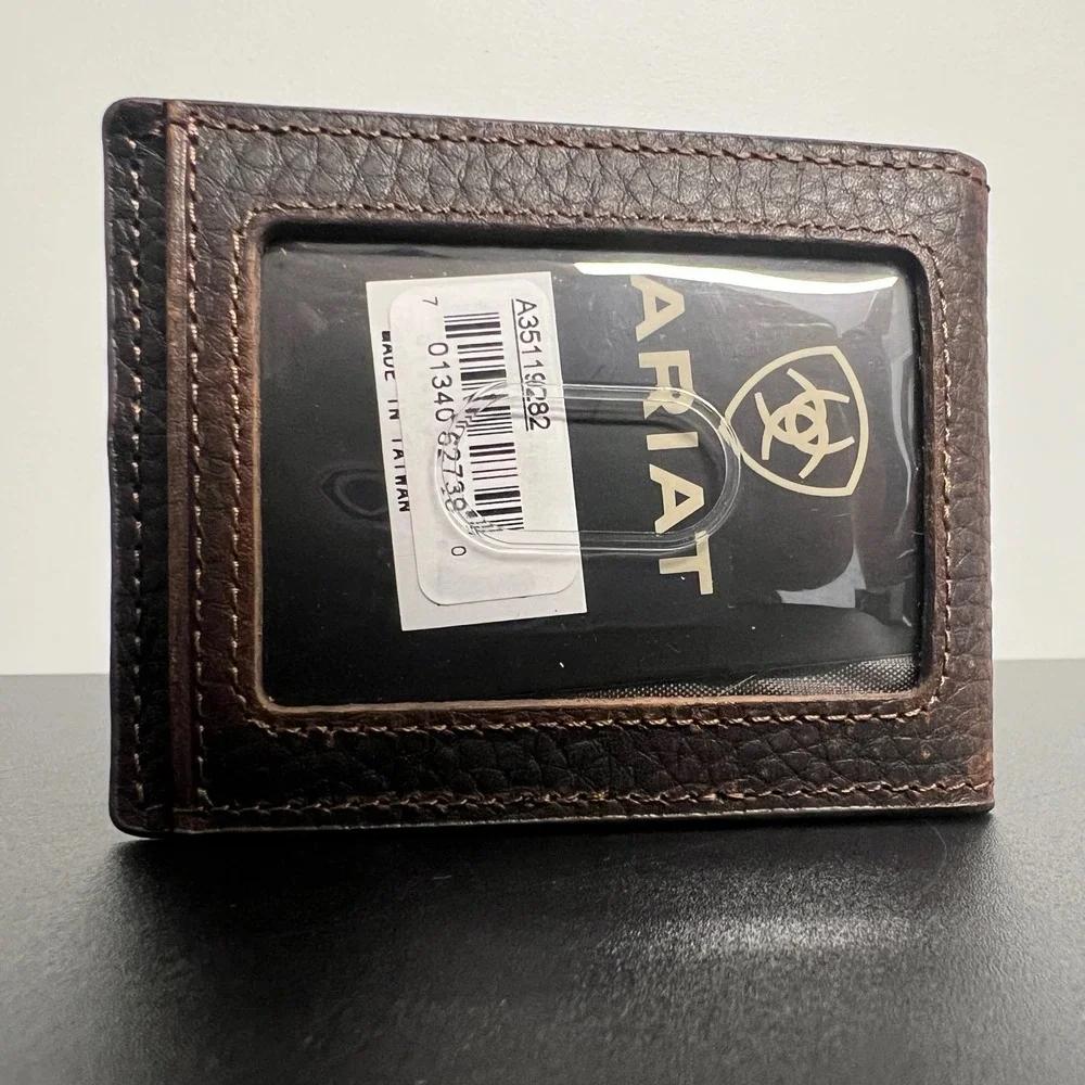 Ariat Mens Brown Top Grain Leather Bi-Fold Money Clip Wallet Bottle Opener NEW